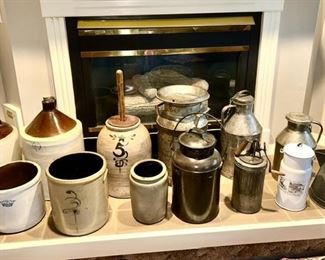 Collection of stoneware, metal milk cans, enamelware