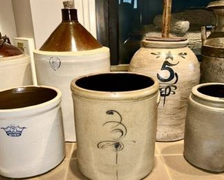 Antique stoneware crocks, jugs, vintage 5 gal butter churn