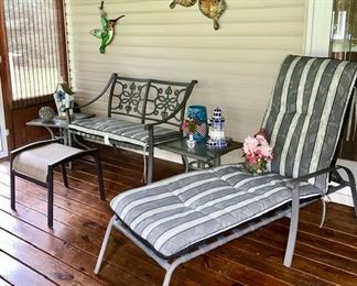 Metal patio furniture w/ cushions, misc. decor