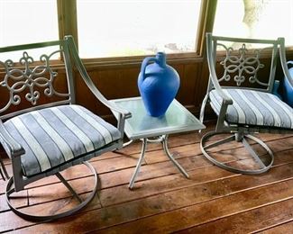 Metal patio chairs w/ cushions and glass top side table, modern jugs