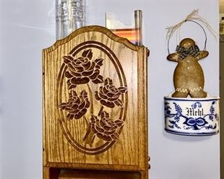 Wooden wall cabinet, Blue & white salt holder, etc.