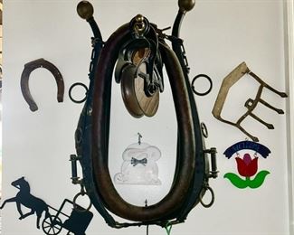 Antique horse collar, antique pulley, misc. decor
