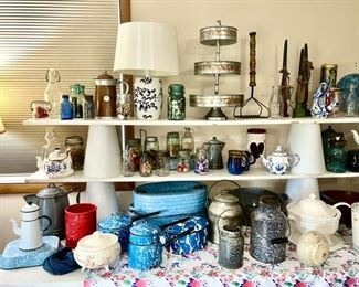 A large collection of vintage & antique kitchen collectibles, advertising milk bottles, blue & white lamp (some SOLD)