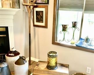 Antique hay fork, stoneware jugs, baskets, wooden hinged top trunk, etc.