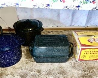 Enamelware canners and roaster, strainer