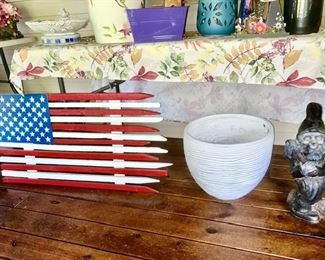 Wooden USA flag, large planter, cement gnome