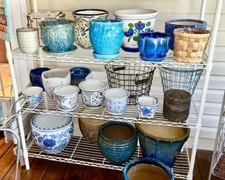 Large collection of planters, large to small sizes, metal shelf (SOME SOLD)