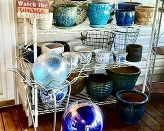 Garden art w/ gazing balls, many planters, PORCH RULES sign (some SOLD)