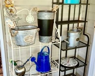 Metal shelves, sprinkler cans, planters, etc.