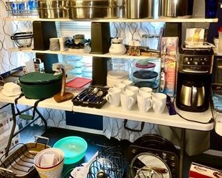 Nice selection of small kitchen appliances, Tupperware, pots & pans, mugs, etc. (SOME SOLD)