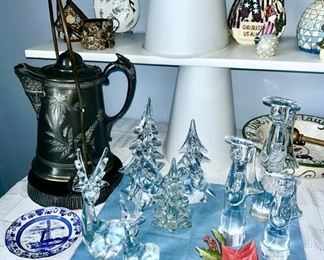 Antique metal etched coffee pot with stand (SOLD), crystal Christmas trees, deer, angels, etc.
