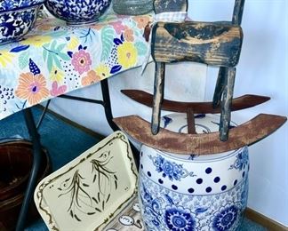 Blue & white side table/plant stand, wooden rocking horse, vintage folding metal tray, blue & white collectibles