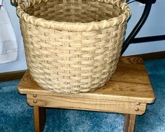 Woven basket, signed and wooden stool