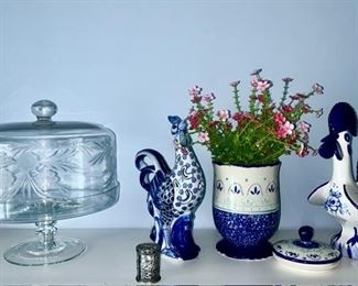 Crystal cake taker (SOLD), blue & white roosters, planter