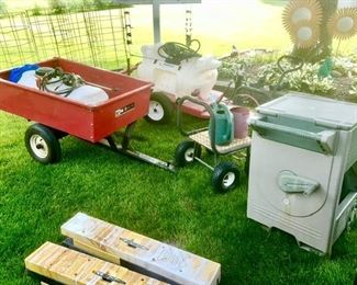 Yard trailer, hose storage (SOLD), 4 wheel cart (SOLD), yard sprayer (SOLD), etc.