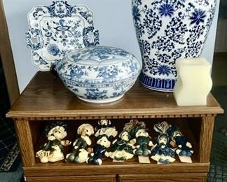 Blue & white porcelain collectibles, hand crafted kids, cabinet on wheels 