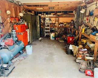 Lincoln Welder, Welding Supplies, Air Compressor, Ladders, Tools, Tools, Tools, Storage Cabinets, Rubber Straps, Gas Cans, Lighting Equipment, Rolling Tool Chest, Metal Cabinets