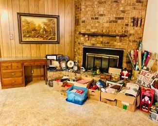 Christmas decor, wrapping paper, Christmas cards, etc. Vintage framed art.