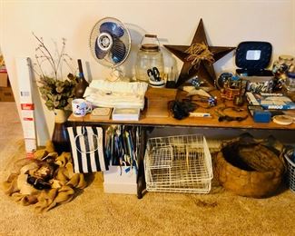 Home accessories, antique glass jar, western decor, sewing kit.