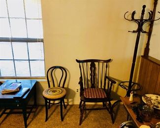 Antique chairs, tables, hat / coat rack