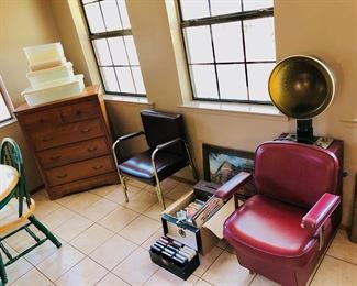 8 tracks, cassettes, records, salon chairs, salon dryer, artwork.