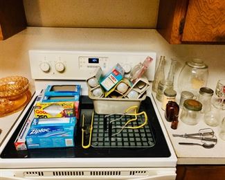 Light bulbs, glass cutting board, carnival glass