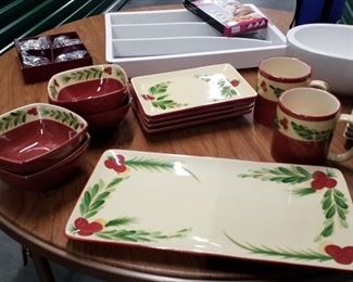Platter, 4 square bowls, 4 rectangular plates, 1 rectangular serving platter, & 2 coffee mugs