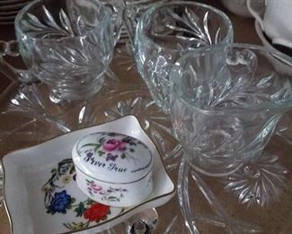 Heavy, footed cake plate, creamer & 2 open sugars, fine china trinket tray, oval ring box