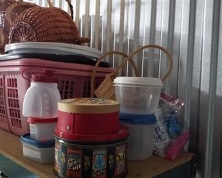 Plastic ware, Oatmeal tin, painted round "cheese" box, several blue ice freezer, several more natural baskets 