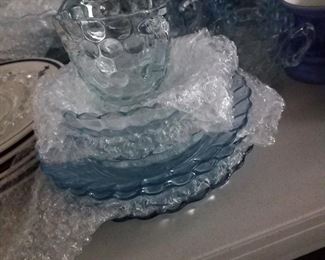 "Blue Bubble" by Anchor Hocking
footed creamer
3 coupe soup bowls
3 cereal bowls 
3 - 4" fruit/ dessert bowls 