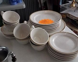 Unidentified pattern by Homer Laughlin, 6 cups, 4 saucers, 8 smaller plates, 6 luncheon (?) plates, 3 or 4 dinner plates