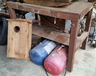 Cedar wood duck box, air tanks, and heavy duty custom made all metal shop table