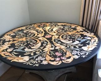 $1750 USD     Round Hand Painted Accent Stone Table HR177-30    Heavy stone table with intricate painting floral design.  The circular top inset with flowers and leaves on a tri foot base. 
Dimensions: 59.5 x 27.5"H
Condition: Very good condition.
Local pick up Lorton VA.  Contact us for shipper suggestions.     https://goodbyhello.com/products/round-inlay-accent-table-hr177-30?_pos=4&_sid=3333667cf&_ss=r