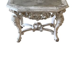 $425 USD      Vintage French Carved Wood Vintage Accent End Table HR177-35     Description:  Vintage French carved softly hand painted console table with intricate carved detail. The finish is painted in soft muted color. The table stands on four cabriole shaped carved acanthus leaf legs that are connected by a bottom stretcher.
Dimensions: 39 x 22 x 33"H
Condition: Very good vintage condition
Local pick up Lorton VA.  Contact us for shipper suggestions.     https://goodbyhello.com/products/distressed-wood-vintage-accent-table-hr177-35?_pos=10&_sid=3333667cf&_ss=r