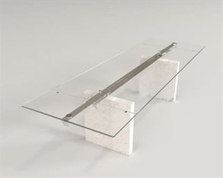 $7,000 USD      Roche Bobois Stone Square Dining Table NT120-1     Description: Top in 15mm thick natural glass.  Aluminum crossbar with glossy polished finish.  Base in Carrara marble. 2 integrated extension leaves of 40cm in glass.

Condition:  Excellent

Dimensions: 39 x 86 x 30H

Local pick up only.  Contact us for shipper suggestions     https://goodbyhello.com/products/rouche-bobois-stone-square-dining-table-nt120-1?_pos=1&_sid=4ecbfa6cd&_ss=r