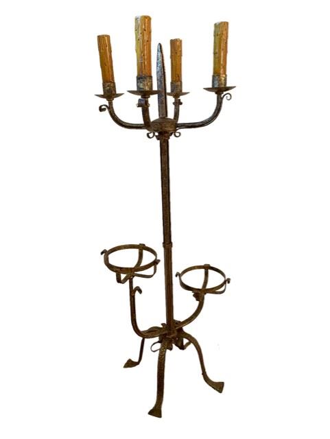 $85 USD      Vintage Plant & Candle Stand CD131-34    Description:  Inspired by travels this 4 light standing candelabra captures the art of entertaining. From the bronze frame, delicately curved arms, to the lower double plant stands, you can create a fabulous atmosphere for elegant dining, wine tasting or an elegant corner to read a book.
Condition: Good condition. Will need to be re-wired to use as a light fixture
Dimensions: 23 x 15 x 36"H
Local pick up Leesburg, VA.  Contact us for shipper suggestions.     https://goodbyhello.com/products/plant-candle-stand-cd131-34?_pos=1&_sid=a8960360b&_ss=r