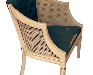 $50 USD      Vintage Cane Back Barrel Mid Century Chair CD131-43     Description: Beautiful vintage cane barrel back chair with brilliant blue tufted upholstery. This piece when reupholstered will be an exquisite piece to add style to any room.
Condition: Caning is beautiful.  Needs new upholstery. 
Dimensions: 25 x 24 x 30"H
Local pick up Leesburg, VA.  Contact us for shipper suggestions.      https://goodbyhello.com/products/chair-cd131-43?_pos=23&_sid=a8960360b&_ss=r