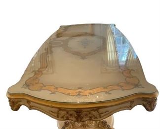 $2580 USD       Hand Painted Baroque Silik Style Dining Table CD131-6     Description:  This furniture draws from the splendors of times gone by, bringing them back to life in modern interior design projects for atmospheres of unrivaled glamour.  The inspiration for each product, from voluptuous Baroque to ineffable Louis XVI, results in charming atmospheres in which comfort and elegance are deployed in a vast decorative range and evident in the precious traditional craft skills. Those skills go hand in hand with the most advanced production technology.  Please see our listing for the complementary dining chairs.
Condition: Very good condition.
Dimensions: 110 x 47 x 31"H
Local pick up Leesburg, VA.  Contact us for shipper suggestions.      https://goodbyhello.com/products/hand-painted-dining-table-cd131-6?_pos=25&_sid=a8960360b&_ss=r