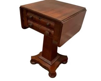 $190 USD      Antique Drop Leaf Accent Table w/2 Drawers CD131-28      Description:  A beautiful Antique 19th Century American Empire Drop-Leaf Table in flame mahogany. There are two working drawers. Lovely rich patina!!! Can be used as a bedside table or in a formal/informal setting.
Condition: Used in good vintage condition. Minor signs of wear expected with age and use.
Dimensions: 34 x 17 x 28"H
Local pick up Leesburg, VA.  Contact us for shipper suggestions.     https://goodbyhello.com/products/table-cd131-28?_pos=27&_sid=a8960360b&_ss=r
