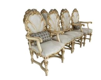$3,500 USD      8 Hand Painted Baroque Silik Style Fidia Dining Chairs ART. 9958 CD131-7     Description: 2 Armchairs and 6 side chairs.  This furniture draws from the splendors of times gone by, bringing them back to life in modern interior design projects for atmospheres of unrivaled glamour. The inspiration for each product, from voluptuous Baroque to ineffable Louis XVI, results in charming atmospheres in which comfort and elegance are deployed in a vast decorative range and evident in the precious traditional craft skills. Those skills go hand in hand with the most advanced production technology.  Please see our listing for the complementary dining table
Condition: Used and in excellent condition.
Dimensions: 21 x 20 x 49"H
Local pick up Leesburg, VA.  Contact us for shipper suggestions.     https://goodbyhello.com/products/8-hand-painted-dining-chairs-cd131-7?_pos=36&_sid=a8960360b&_ss=r