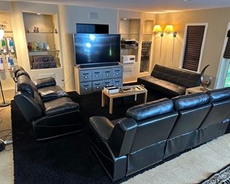 Lower level living room view with cinema furniture, large screen television, lava lamps, futon, storage cubbies