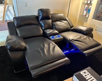 Cinema leather loveseat with reclining chairs and lights! Yes, lights!