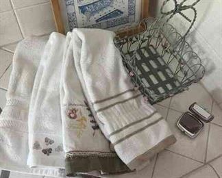Bath Hand towels, bath rugs, bath scale, towel holder, various other bathroom items