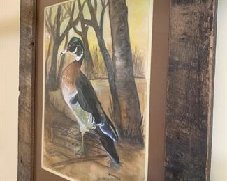 Large water color of wood duck in barn siding frame