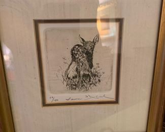 signed etching of a fawn