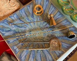 pottery plate, brass items