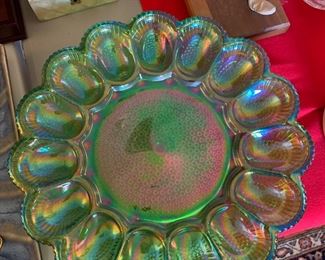 Green carnival glass egg plate