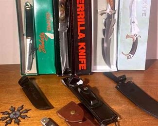 4 Vintage Hunting Knives, And A Martial Arts Throwing Star