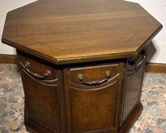 Beautiful 1960s MidCentury Modern Double Door Hexagonal Walnut End Table