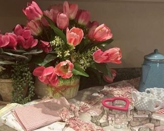 Beautiful Cottage Chic Table Dressing With Handmade Oblong 60x90 Tablecloth, Paula Deen Pot, Milkglass Sugar And Creamer And More